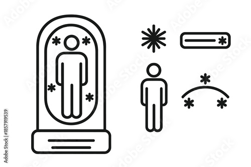 Cryo-Recovery Chamber Icons. Line vector icons of a cryo-recovery chamber: recovery outline, ice symbol, cold band, steady body