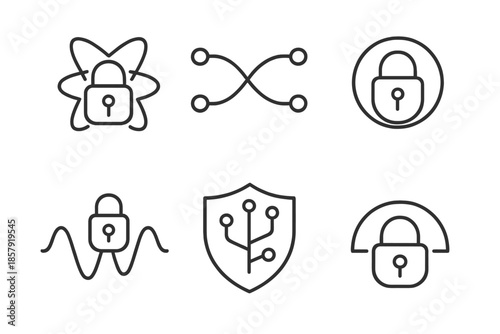 Next-Gen Security Icons. Line vector icons of next-gen secure link: quantum lock, entangled path, safe ring, wave bond, data