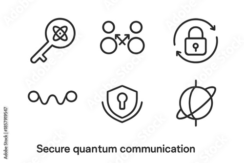 Quantum Secure Icons. Line vector icons of secure quantum communication: quantum key, entangled photon pair, lock ring, wave link,
