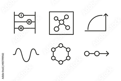Algorithmic Drug Modeling Icons. Line vector icons of algorithmic drug modeling: quantum circuit hint, molecule frame, modeling