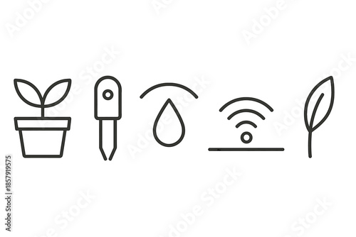 Smart Watering Icons. Line vector icons of IoT-based watering: pot outline, smart sensor dot, drip arc, wireless signal, moisture