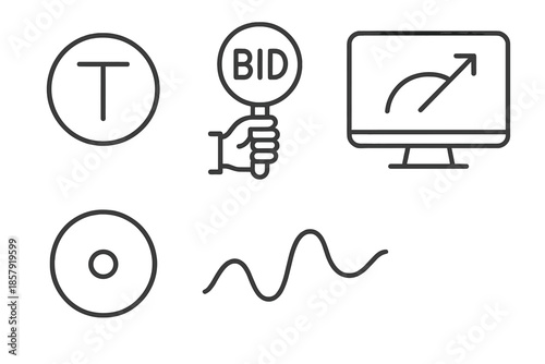 Digital Asset Bidding Icons. Line vector icons of digital-asset bidding: token circle, bid hand icon, price-rise arc, screen frame