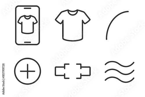 AR Wardrobe Vector Icons. Line vector icons of AR wardrobe try-on: phone screen, clothing icon, overlay curve, fit-guide ring,