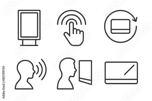 Dynamic Outdoor Promo Icons. Line vector icons of dynamic outdoor promo board: tall ad frame, interactive touch arc, content-shift
