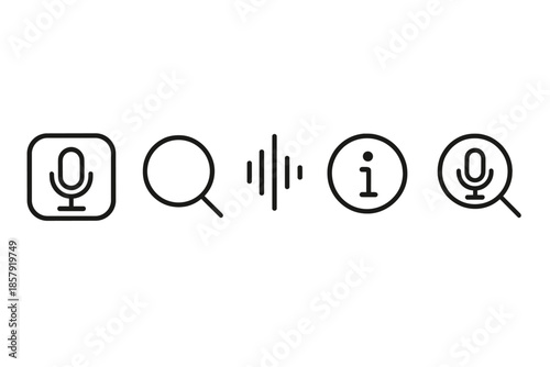 Voice Assistant Icons. Line vector icons of voice query assistant: mic frame, search circle, command wave, info dot, sound arc,