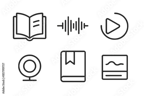 AI Narration Icons. Line vector icons of AI-generated narration: stylized book, synthetic voice wave, play button arc, audio ring,