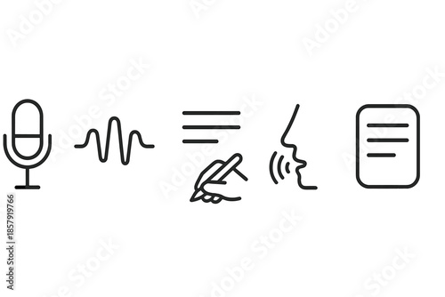 Hands-Free Text Icons. Line vector icons of hands-free text creation: microphone silhouette, speech-flow wave, text lines,