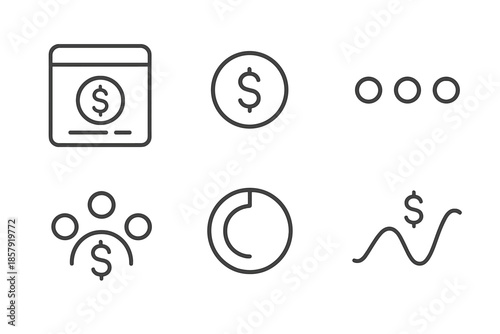 Crowdfunding Platform Icons. Line vector icons of crowdfunding platform: platform tile, coin symbol, supporter dots, funding arc,