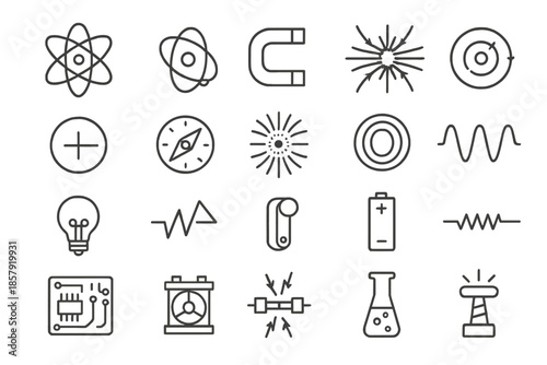 Science Icons Collection. Line style icons of science and magnetism: atom, electron orbit, magnet bar, coil wire, electric field,