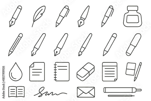Writing Tools Icons. Line style icons of writing pens: fountain pen, quill, ballpoint pen, nib, ink bottle, pencil, calligraphy