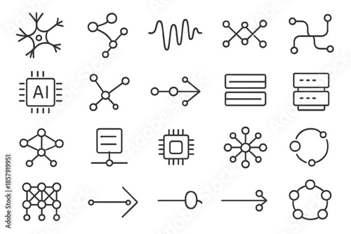 Neural Network Icons. Line style icons of neural networks: neuron, synapse, brain wave, circuit line, AI chip, data point, signal