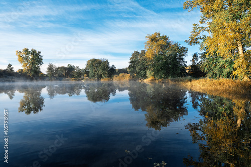 Autumn lake landscape with trees reflected in calm water at sunrise