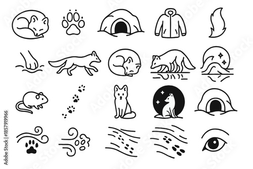 Arctic Fox Icons. Line style icons of arctic fox life: curled fox, paw print, snowy burrow, winter coat, tail fluff, paw in snow,