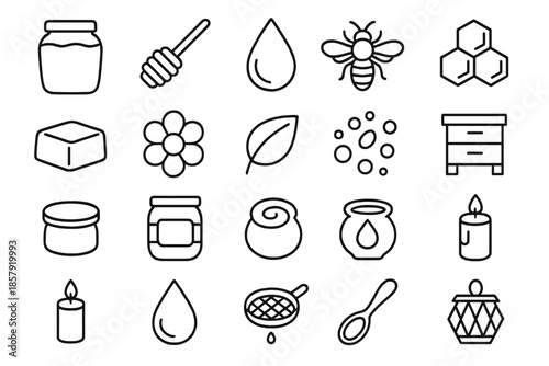 Honey Making Icons. Line style icons of honey making: jar, dipper stick, dripping drop, bee, comb, wax block, flower, leaf, pollen