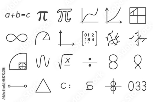 Mathematical Line Art Icons. Line style icons of mathematical abstraction: equation, symbol, function graph, matrix, infinity sign