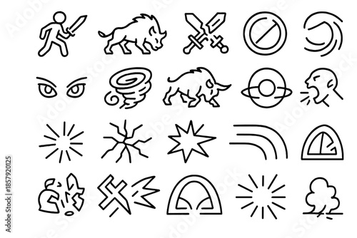 Epic Mythic Confrontation. Line style icons of mythic confrontation: warrior stance, beast charge, broken weapon, shield block,