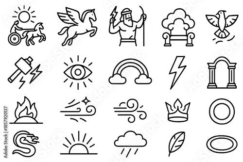 Sky Mythology Icons. Line style icons of sky mythology: sun chariot, winged horse, lightning god, cloud throne, celestial bird,