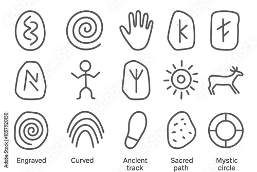 Ancient Carving Icons. Line style icons of ancient carvings: engraved symbol, spiral glyph, handprint, stone etching, rune mark,