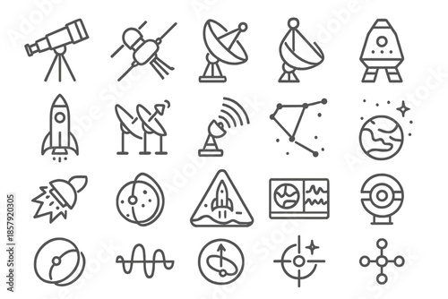 Space Exploration Icons. Line style icons of space exploration: telescope, probe, satellite dish, spacecraft, rocket, antenna