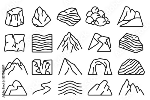 Line Style Terrains. Line style icons of rock and terrain: cliff texture, jagged stone, layered slope, boulder pile, crag edge,
