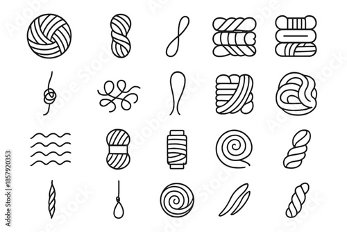 Yarn and Wool Icons. Line style icons of yarn and wool: wool ball, twisted skein, yarn strand, coiled thread, fiber roll, knotted