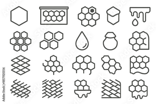 Honeycomb Icon Patterns. Line style icons of honeycomb patterns: hexagon cell, wax frame, filled comb, open cell, dripping edge,