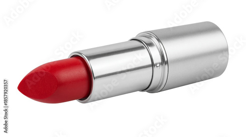 Red lipstick in silver casing on transparent background