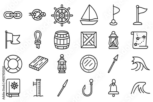 Nautical Icon Collection. Line style icons of nautical details: anchor chain, helm wheel, rope knot, sailcloth, buoy, mast flag,