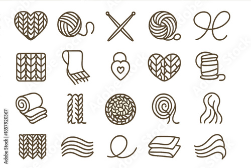 Creative Warmth Icons. Line style icons of creative warmth: heart knit, yarn swirl, crossed needles, tangled wool, gentle loop,
