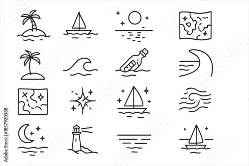 Poetic Seafaring Icons. Line style icons of poetic seafaring: tiny island, sailboat on horizon, moonlight path, starlit map, palm