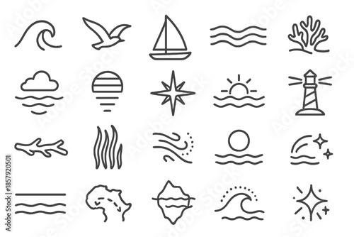 Oceanic Travel Icons. Line style icons of Oceanic Travel: wave crest, seagull, boat sail, current flow, coral reef, cloud