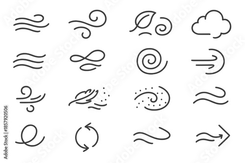 Line Style Wind Icons. Line style icons of Wind and Motion: gust wave, air swirl, leaf spin, cloud puff, breeze line, ribbon twist