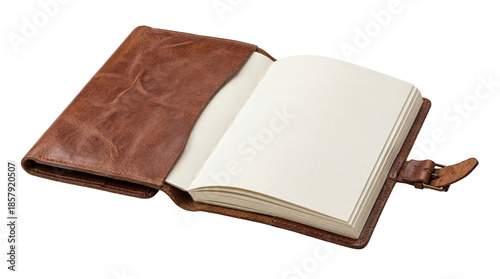 Brown leather-bound journal with blank pages on transparent background