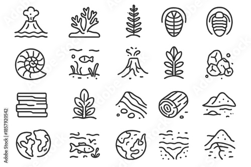 Ancient Earth Icons. Line style icons of Ancient Earth: volcanic island, coral reef fossil, early fern, trilobite shell, ammonite