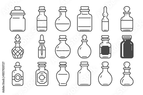 Vintage Pharmacy Bottles. Line style icons of Vintage Pharmacy Bottles: apothecary jar, corked vial, round flask, labeled bottle,