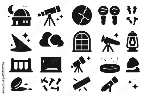 Night Observatory Icons. Solid style icons of Night observatory remnants: moonlit dome, starlit telescope, cracked lens, rusted