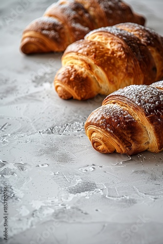 Freshly baked croissants arranged on a textured surface in a modern setting