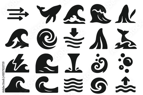 Underwater Power Icons. Solid style icons of Underwater power: strong current, whale breach, foamy crest, turbulent wave, sea push
