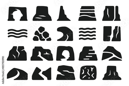 Geologic Formations Icons. Solid style icons of Geologic Formations: canyon arch, mesa, spire, rock layer, cliff face, sediment