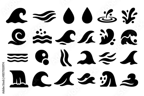Flowing Water Icons. Solid style icons of Flowing Water Motion: wave, stream, droplet, ripple, splash, swirl, foam, curve, spray,