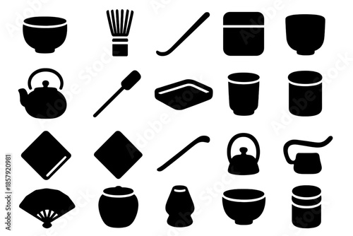 Tea Ceremony Icons. Solid style icons of Tea Ceremony Utensils: tea bowl, bamboo whisk, tea scoop, tea caddy, kettle, ladle, tray,