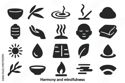 Harmony Icons Collection. Solid style icons of Harmony and Mindfulness: tea bowl, bamboo leaf, ripple, incense smoke, rock, paper