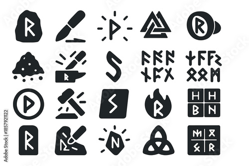 Mystic Runic Symbols. Solid style icons of Runic Engravings: rune stone, carving knife, glowing etch, sacred symbol, sigil ring,