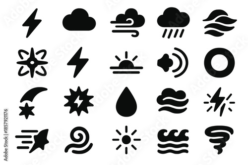 Thunderstorm Icon Set. Solid style icons of Thunderstorm Phenomenon: lightning strike, vapor cloud, wind rush, rain streak, sky