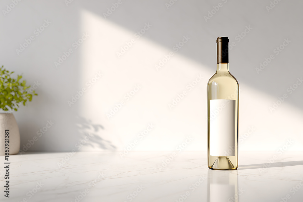Naklejka premium non-alcoholic beverage, non-alcoholic wine bottle on contemporary kitchen counter with subtle shadows in a lifelike setting, providing room for text