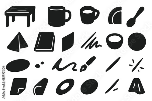 Tabletop Details Icons. Solid style icons of Tabletop Details: wooden table, coffee mug, ceramic cup, plate edge, spoon curve,