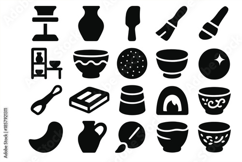Porcelain Craft Icons. Solid style icons of Porcelain Craft: pottery wheel, clay vessel, shaping paddle, glaze brush, kiln shelf,
