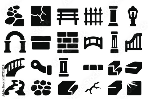 Architectural Pathway Icons. Solid style icons of Pathway and Architecture: stone path, cracked tile, wooden bench, rusted fence,