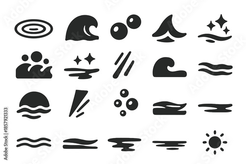 Nautical Icons Collection. Solid style icons of Nautical and Oceanic Elements: water ripple, tidal wave, floating bubble, wave