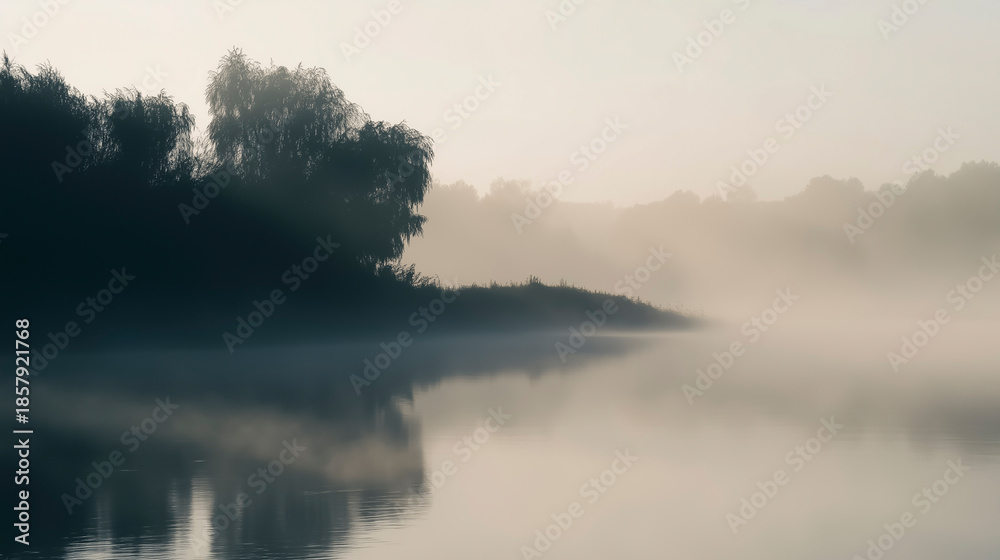 Fototapeta premium Misty lake landscape at dawn with calm water and foggy atmosphere